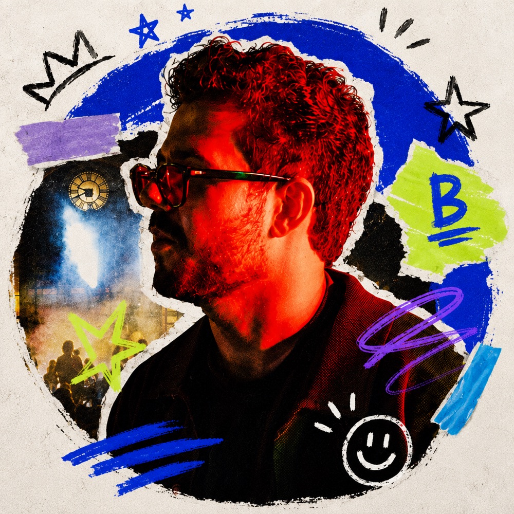 Collage portrait of BARAKE — Karim in red stage light against a painted blue circle, with marker stars, a crown and event photos torn in around him